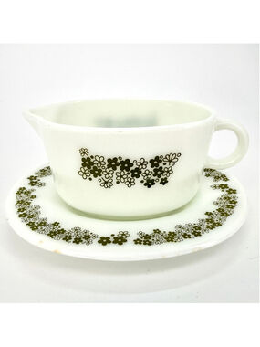 Vintage 70's Pyrex Crazy Daisy Spring Blossom Gravy Boat & Saucer Plate Set
